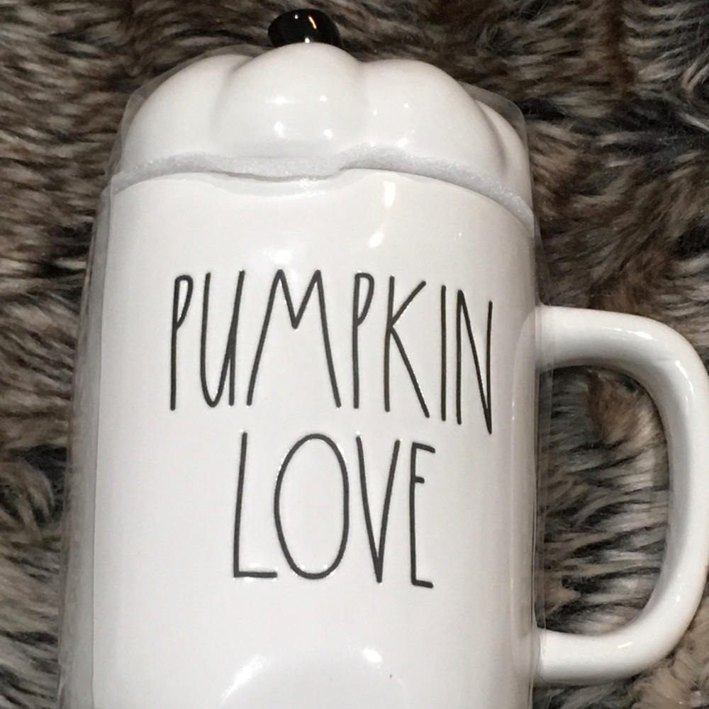 Rae Dunn PUMPKIN LOVE Off-white 16oz Ceramic Mug w/ Pumpkin Topper
